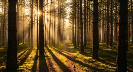 Obraz premium Enchanting Forest Path Bathed in Golden Light, Inviting a Serene Journey Through Nature's Embrace at Dawn