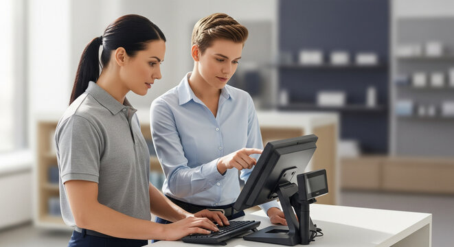 Two female employees using retail point of sale system - Powered by Adobe