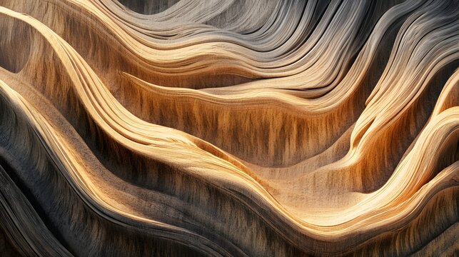 Abstract waves of beige and gray form a flowing sand dune landscape with natural texture in the sunlight.