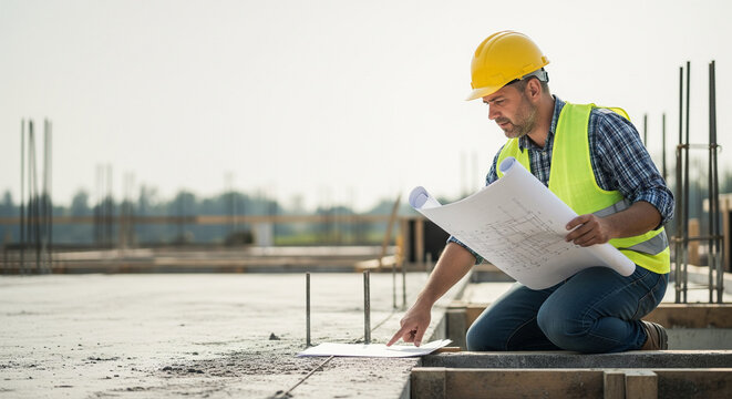Construction worker reviewing plans on site