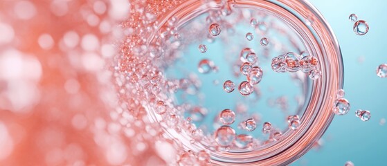 Microscopic bubbles and particles in liquid, capturing the essence of nanotechnology and molecular interaction within a clean laboratory setting.