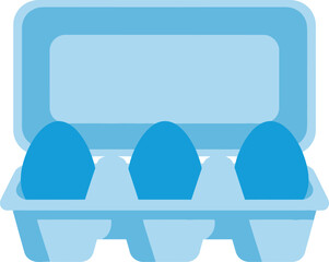 Three vibrant blue easter eggs nestled in an open light blue paper carton, ready for a spring celebration or breakfast meal preparation, simple flat design.
