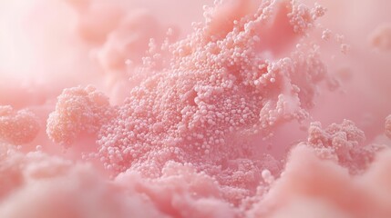 Microscopic view of delicate pink clusters and tiny spheres, reflecting intricate molecular structures and material science.