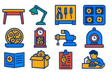 Clockmaking Workshop Icons. Flat vector icons of clockmaking workshops: wooden workbench, clockmaker lamp, organized tool rack,