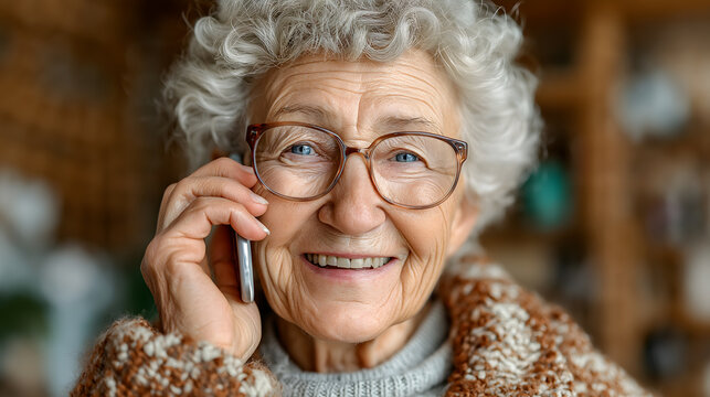 Smiling senior Caucasian woman with curly gray hair talking on a smartphone. She wears glasses and a cozy sweater, sitting in a warm, inviting environment.
