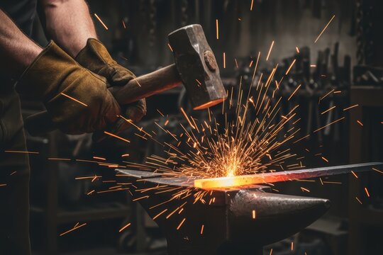 Blacksmith hammering hot metal on an anvil with glowing sparks flying in a workshop, showing strength, craftsmanship, and industrial skill