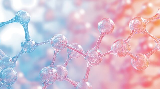 Abstract molecular structure with connected spheres in blue and pink tones representing nanotechnology concept.