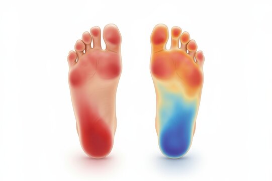 Medical illustration of two human feet showing heat and pressure map, highlighting red and blue zones for temperature or blood circulation analysis.
