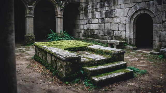 Stone steps covered in moss lead to a dark arched doorway. A dark shape fills the left side