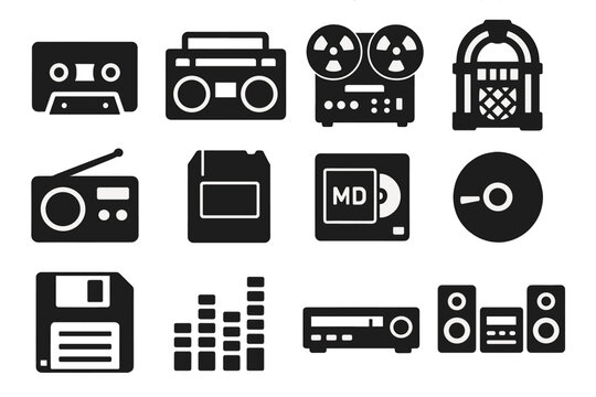 Retro Audio Icons. Solid style icons of retro audio: cassette tape, boombox, reel-to-reel, jukebox, radio, 8-track, mini disc, CD