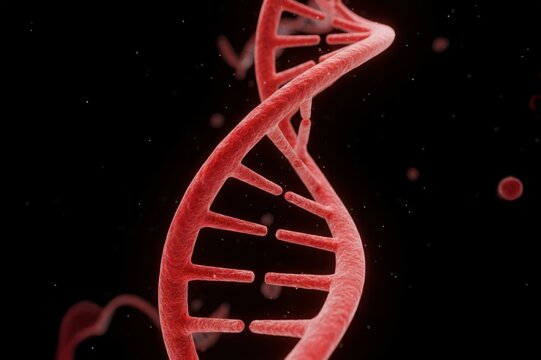 3D red DNA double helix structure isolated on a dark background, representing genetics, molecular biology, and scientific research concept