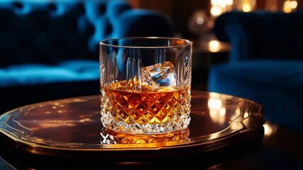 Video of luxury crystal glass of whiskey with ice on blue table in restaurant lounge.Zoom out with people on background.AI Generative - Powered by Adobe