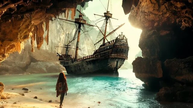 A vivid portrayal of a pirate ship emerging from a cavernous landscape. The ship, with its intricate rigging and wooden hull, is the central focus.