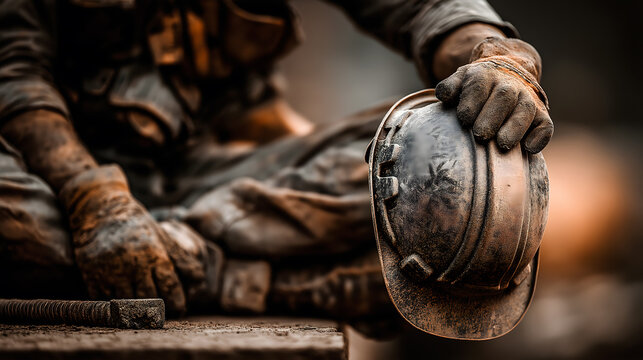 A close-up of a worker's hand resting on a worn helmet. The hand is dirty, indicating manual labor. The background is blurred, focusing on the helmet and hand.