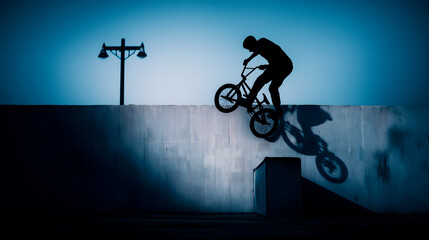 Fototapeta premium Silhouette of a young man performing a BMX trick on a ramp. The scene is set against a blue background with a streetlight in the distance.