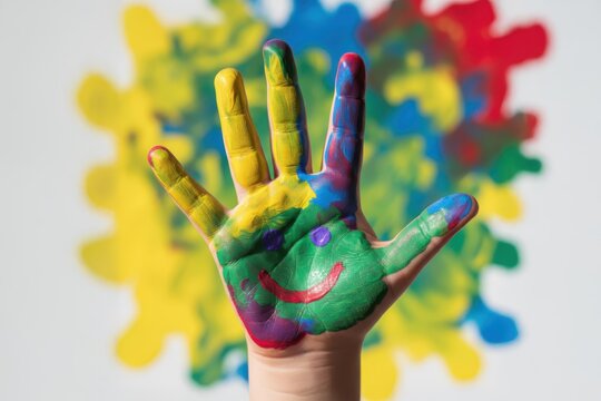 Child’s hand covered in colorful paint with a smiling face drawn on the palm, held up against a blurred splash background symbolizing joy and creativity