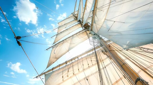 Aerial view of a sailing ships masts and rigging against a clear blue sky with scattered clouds.