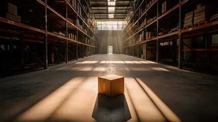 A solitary cardboard box sits in a spacious warehouse. Sunlight streams through the high windows, casting shadows on the concrete floor. Shelves line the walls.