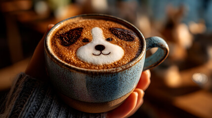 A close-up of a hand holding a blue ceramic cup filled with coffee. The coffee has a cute dog face design made with foam art. The background is softly blurred.