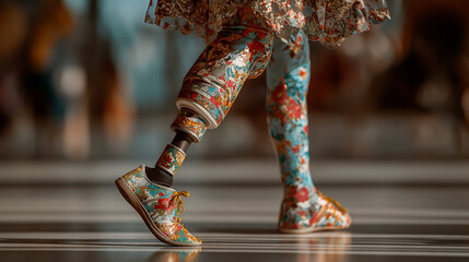 A colorful prosthetic leg with floral patterns is seen walking on a striped floor. The leg is paired with a stylish shoe, showcasing modern design and functionality.