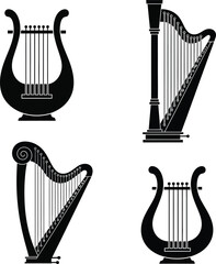 Collection of classical string instruments: a traditional harp, a pedal harp, and two variations of the ancient lyre, presented as elegant black silhouettes.