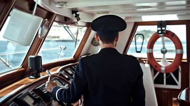 A closeup shot of a captain on a ships helm, captured from behind the wheel. The captain is wearing a navy blue uniform with gold epaulettes and a matching hat adorned with medals.