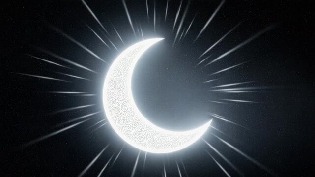 Glowing crescent moon with ornate patterns against a starry night sky with light rays