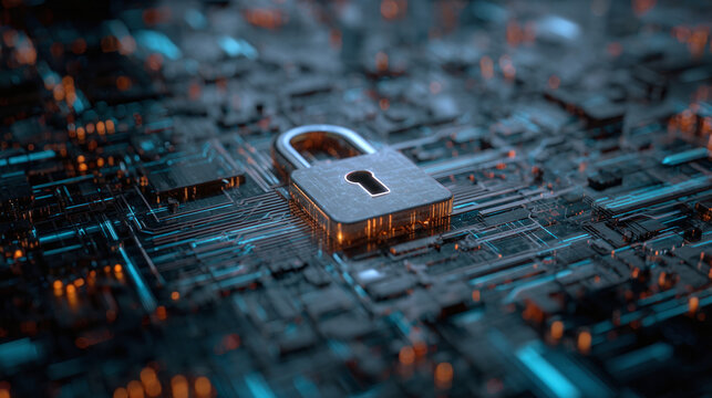 A padlock symbolizes security over a circuit board, a striking visual for cybersecurity. The padlock glows, suggesting digital data