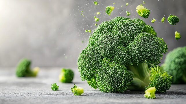 Fresh broccoli florets falling isolated on white background - Powered by Adobe