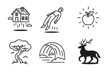 Fototapeta premium Magic Realism Icons. Line style icons of Magic Realism: floating house, levitating figure, glowing fruit, surreal tree, bending