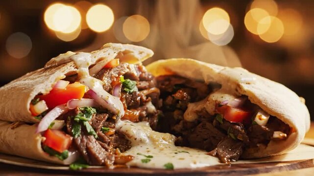 Deliciously filled pita bread with savory meat, fresh vegetables, and creamy sauce, a perfect on-the-go meal