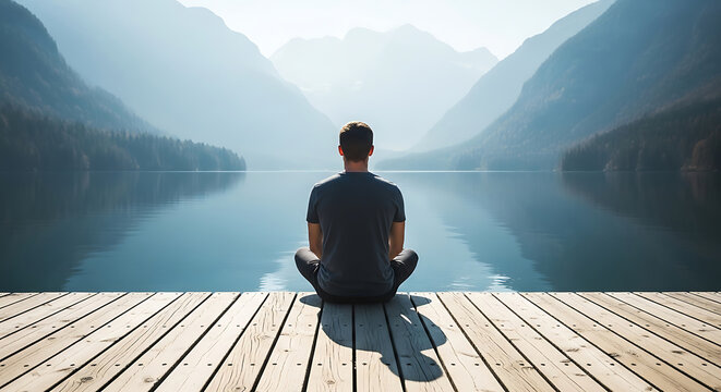 A man meditates on a wooden dock overlooking a serene lake and majestic mountains