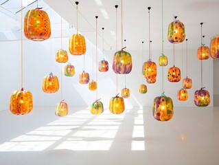 Colorful hanging lanterns casting shadows on a bright white wall