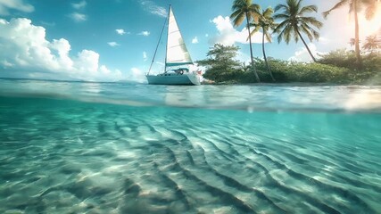 Aerial view of clear turquoise ocean with sunlight filtering through the waters surface, revealing ripples and reflections.