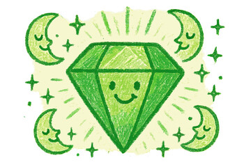 Obraz premium Smiling Emerald Doodle. A doodle of a smiling emerald gem glowing smaragdine green, surrounded by twinkling stars, cheerful moons,