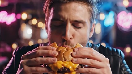 A man deeply enjoys a generously loaded, cheesy double burger, eyes closed in pure satisfaction, amidst the vibrant glow of neon lights in a lively dining establishment