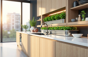 Urban Eco-Gardens: Modern Eco Kitchen with Built-in Hydroponic Herb Garden