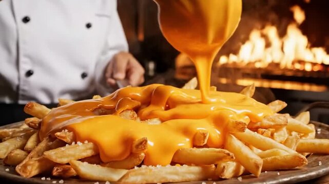 Delicious golden french fries generously topped with creamy melted cheese sauce, a classic and satisfying comfort food experience