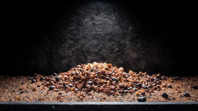 An abstract image shows tiny objects descending onto a base containing similar granules and smooth stones