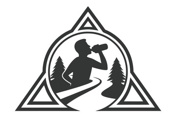 Silhouette of a man drinking water during a hike inside triangle frame