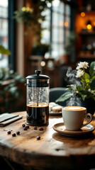 Fototapeta premium Fresh Coffee and French Press in Cozy Café