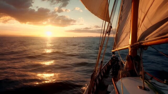 A sailboat sails during sunset on a calm sea.