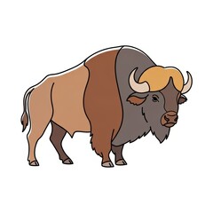 Cartoon buffalo illustration with colorful patches and characteristic horns  