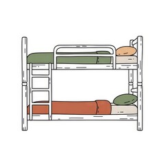 Bunk bed with green and orange bedding in simple design  