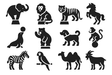 Naklejka premium Circus Animal Icons. Solid style icons of circus animals: elephant, lion, tiger, horse, seal, bear, dog, monkey, zebra, parrot,