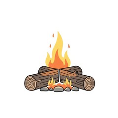 Campfire with burning logs and flames on a white background  