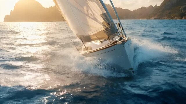 sailboat in action on ocean during sunset with mountains in the background.
