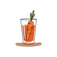Carrot juice in a glass with fresh carrot garnish on a surface  