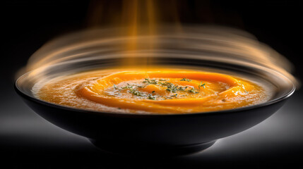 levitating bowl of soup swirling in motion with studio lighting
