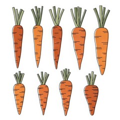 Nine cartoon carrots with green tops arranged in a row  